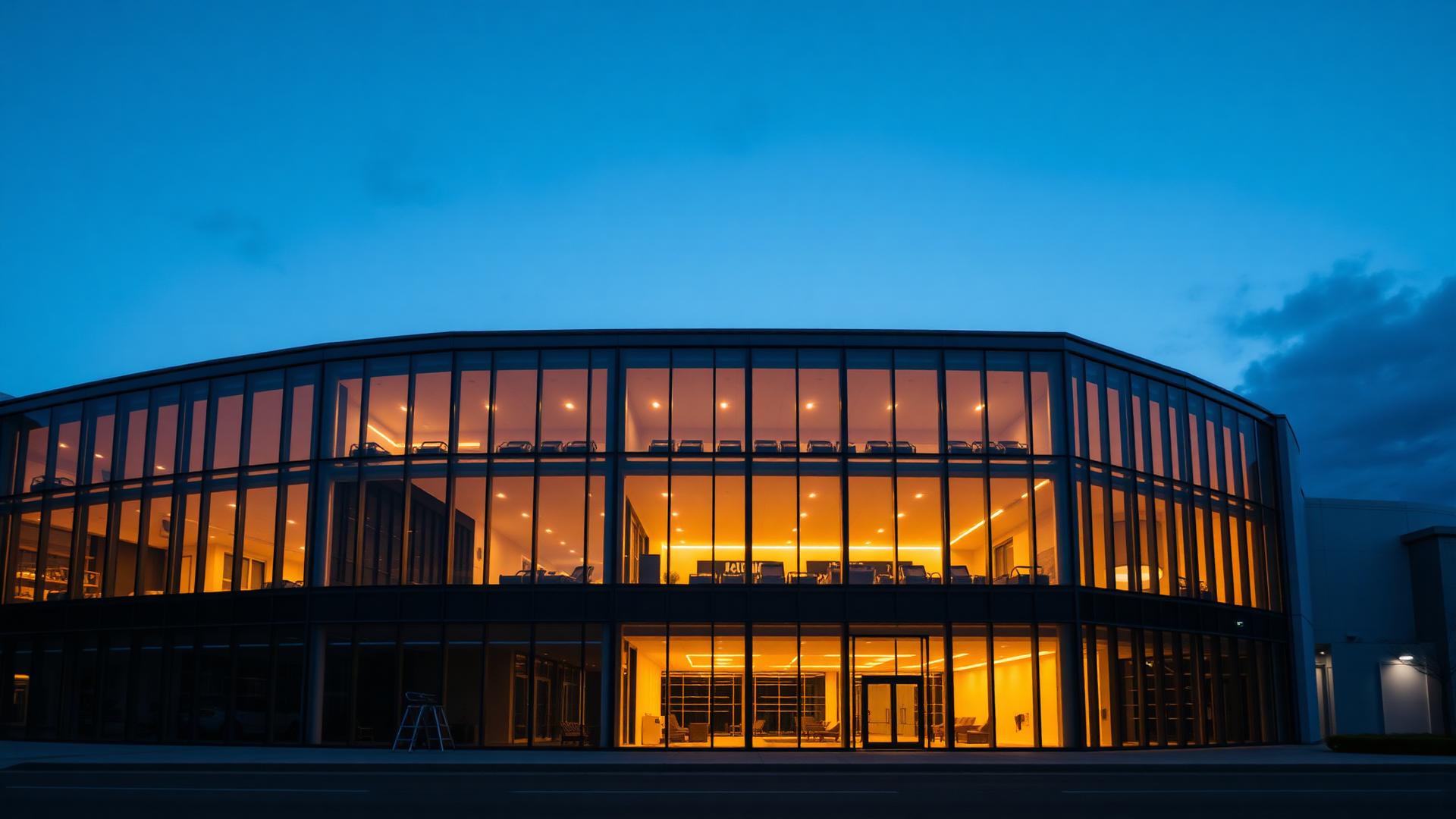 Modern glass office building at dusk